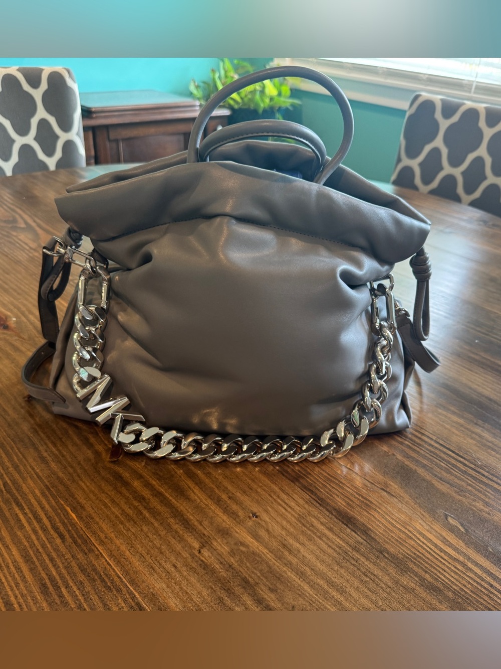 Michael Kors Grey Puffer Shoulder Bag with Chunky Silver Chain